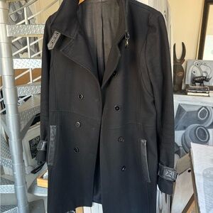 The Kooples Black Wool Coat with Leather Accents Moto Style